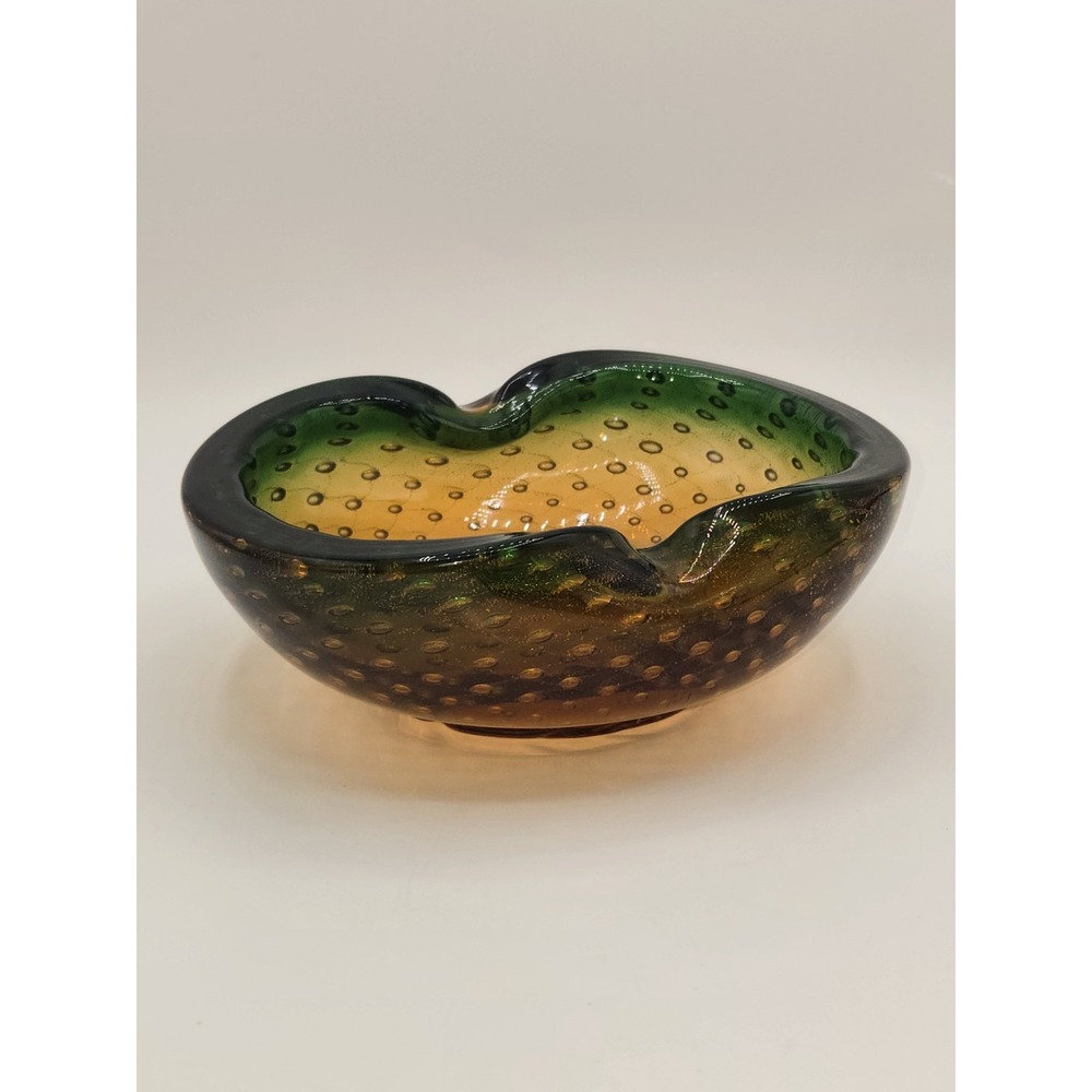 Murano Glass Bullicante Amber Green Art Glass Bowl Ashtray Gold Fleck